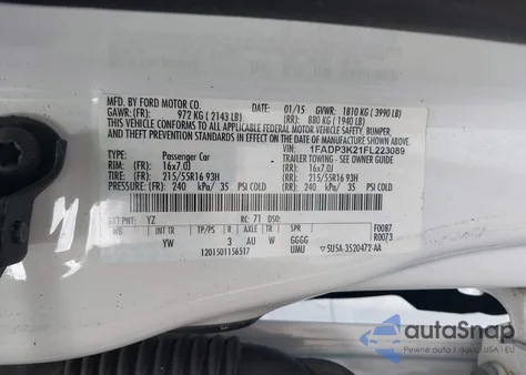 2015 Ford Focus Se из США, поврежденный, VIN 1FADP3K21FL223089
